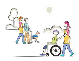 公園で散歩するシニアの男性と女性,介護士,介助犬(レトリバー)｜介護看護シリーズ