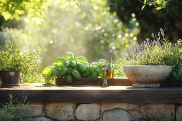 vibrant mediterranean herb garden scene with rustic wooden boards, fresh basil bunches, stone mortar, olive oil drizzles, warm sunlight
