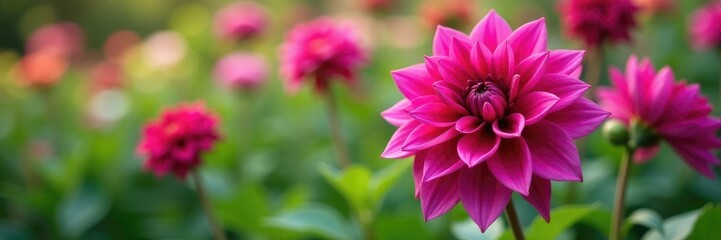 Fototapeta premium Purple fuchsia dahlia flowers in a garden bed with green leaves, garden, bloom