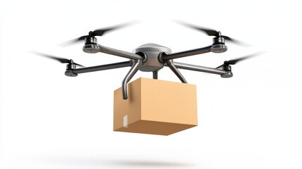 Drone Delivering Cardboard Package on White Background for Modern Logistics