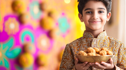 Naklejka premium Close-up of Boy in Indian Kurta Holding Bowl of Mithai and Rangoli Design.