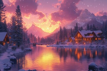 Fototapeta premium Serene winter sunset over a tranquil lake surrounded by snow-covered mountains and cozy cabins