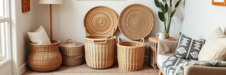 Stylish ethnic living room interior with wicker baskets, wooden bench, armchair, personal accessories, cozy apartment decor, wicker baskets, armchair, decor