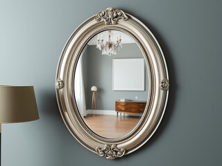 Obraz premium Symmetrical arrangement of oval mirrors reflecting light in elegant room decor, mirror, interior design, room