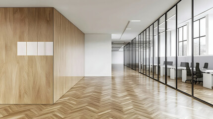 Obraz premium Modern office interior design; long hallway with herringbone wood flooring, glass partitions, and minimalist wood wall.