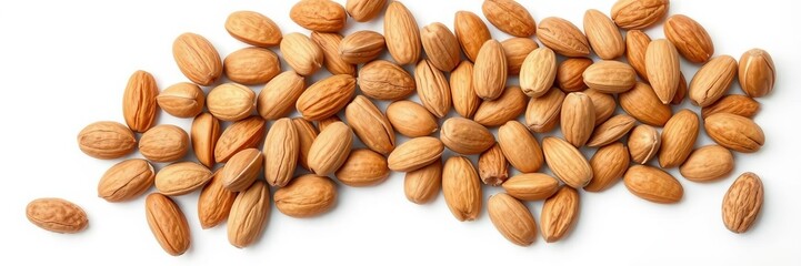 Fototapeta premium Untidy almonds arranged in a frame shape with middle copy space on white background, close-up view, healthy food concept, Almonds, frame, natural
