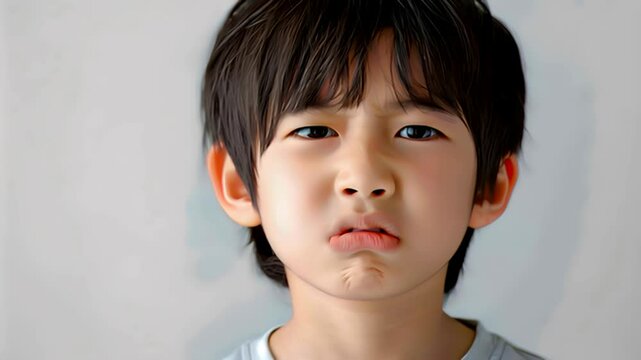 不満そうに顔をしかめるアジア人の男の子