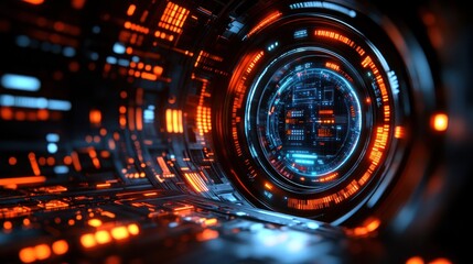 Obraz premium Futuristic, glowing, technological tunnel with intricate circuitry and holographic interface.