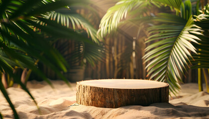 Fototapeta premium Wooden Stump Display on Sandy Beach with Palm Fronds