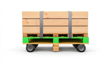 Stacked Wood Pallets with Green Base and Wheels on a White Background 3D Render
