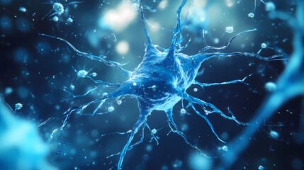 Microscopic Image of a Neuron with Blue and White Structures