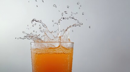 Splashing orange beverage in a glass with droplets against a light background