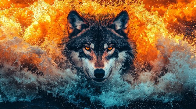 Majestic Wolf in Fiery Sunset Water  Wildlife  Nature  Animal Portrait  Wild Canid  Predat