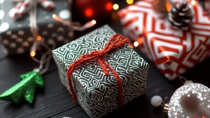 Festive Christmas Gifts  Wrapped Presents  Holiday Decorations  Bokeh Lights  Winter Seaso
