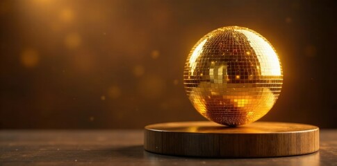 Shimmering gold disco sphere on a modern wooden pedestal, gold, disco, modern