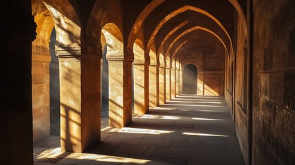 Obraz premium Light Streaming Through Ancient Stone Arches Creates a Dramatic Hallway Scene