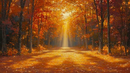 Obraz premium Serene Autumn Forest Path Golden Sunlight Misty Woods Fall Foliage Nature Scene