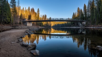 Tranquil Reflections of a Bridge Surrounded by Forest at Golden Hour near a Calm Lake