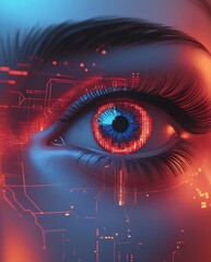Cybernetic human eye showcasing red and blue glowing tech circuits, representing advanced AI, virtual interfaces, and futuristic biometric designs

