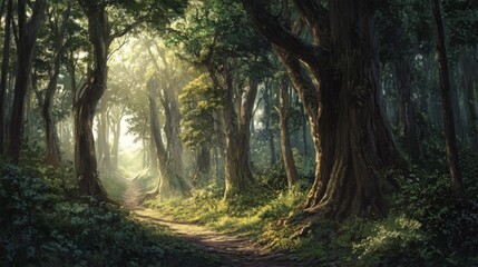 Naklejka premium Sunlight Path Through Lush Forest, Ideal for Nature, Travel, or Inspiring Posters