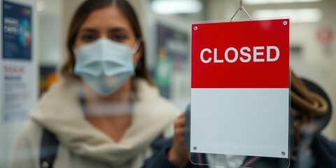 Closeup of a woman attaching a red "closed due to covid 19" sign onto a glass door, pandemic, closeup, closed