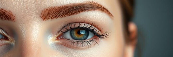 Close up of a woman's eye zone and perfectly groomed brows with natural day makeup on, zone, close up, brows