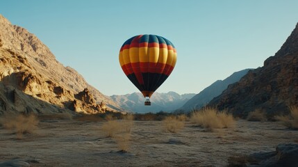 Obraz premium Vibrant Hot Air Balloon Against Mountainous Landscape at Sunrise Over Serene Desert Terrain