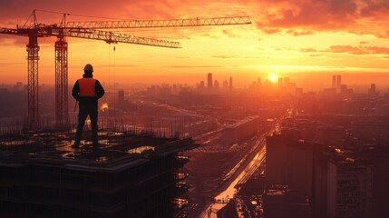 Fototapeta premium A construction worker standing on an unfinished skyscraper,