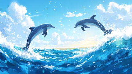 Two dolphins jumping in ocean waves, sunny day, idyllic scene, perfect for social media