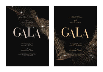 Charity gala dinner invitation features flowing, minimalist organic gold lines, glitter and stars on dark gray background, creating a sophisticated and elegant look
