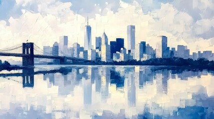 Fototapeta premium Abstract Cityscape Painting Brooklyn Bridge Skyline River Reflection