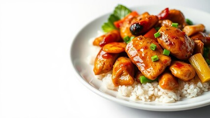 Close-up of rice topped with teriyaki chicken grill, with colorful vegetables on the side, on a white plate, food, Asian, white