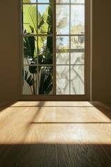 Fototapeta premium A sunlit interior with a wooden surface and shadows from plants outside the window.