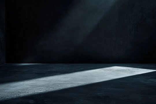 Dark room, concrete floor, light beam, empty space, product display