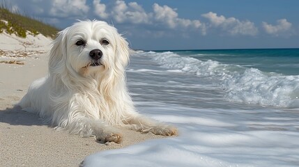 Fluffy dog beach ocean waves summer