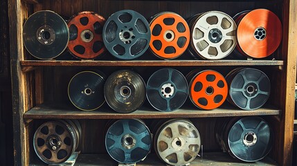 Fototapeta premium Old Movie Film Reels on Wooden Shelves in Vintage Collection