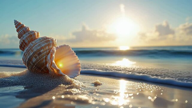 Sunrise reflections on shells at the beach with waves gently lapping the shore