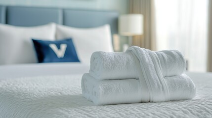 Luxurious hotel room setup comforting white towels stacked serene bedroom elegant decor peaceful ambiance inviting hospitality concept