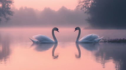 Swans in Misty Lake at Dawn