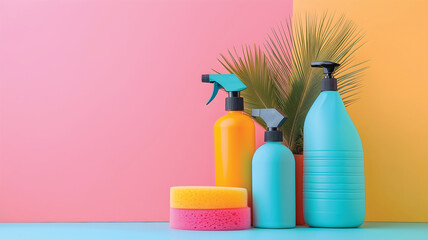 Cleaning Supplies and Plant on Colorful Background