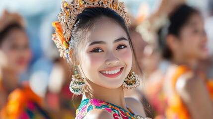 Fototapeta premium Malay woman wearing colorful huipil smiling enjoy vacation at street festival
