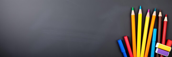 Colorful school supplies including markers, pencils, and erasers arranged in a vibrant border on a blackboard background with space for text, markers, background, vibrant