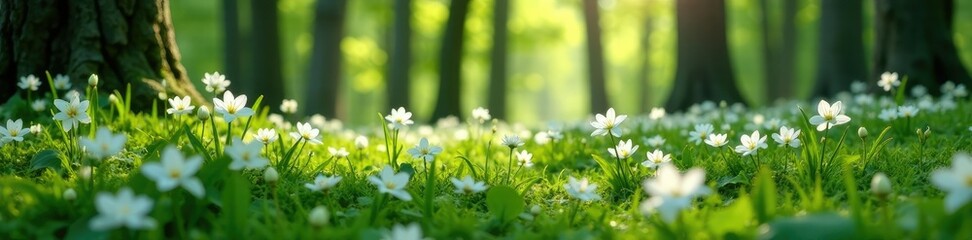 White flowers scattered on the forest floor under deciduous trees, spring blooms, dicentra, deciduous trees