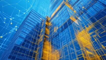 Fototapeta premium Modern city, digital network, skyscraper, low angle, wireframe, architecture, connection, business, technology, presentation
