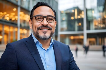 Fototapeta premium Professional man portrait smiling in an urban office setting with modern aesthetics