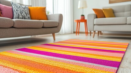 Brightly colored striped area rug enhances living room decor modern home interior design cozy environment low angle view home aesthetics
