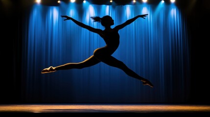 Silhouette of a Ballerina Leaping Gracefully on Stage