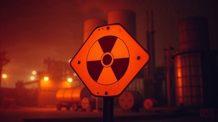 Radioactive hazard sign in industrial facility with red lighting