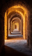 Naklejka premium Ancient stone arches, sunlit tunnel, historical site, perspective