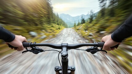 Mountain biking adventure on a rocky trail scenic landscape dynamic outdoor experience nature first-person perspective thrilling journey